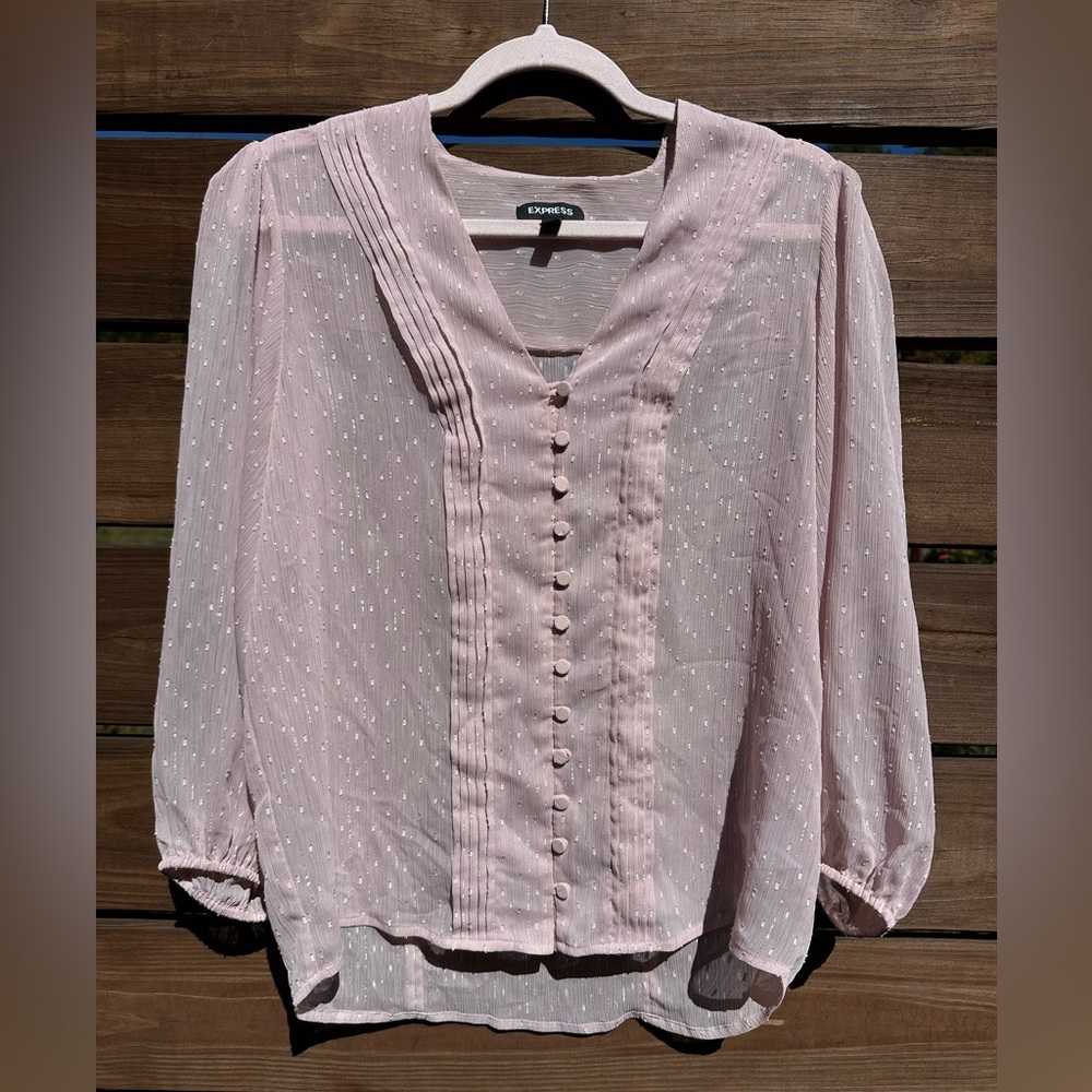 Express Pink Sheer Textured Botton Down Shimmery V-Neck Blouse with 3/4 Sleeves